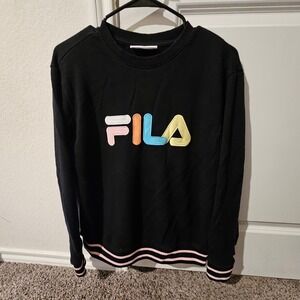 Fila Mens Black Crewneck Sweatshirt Pastel Multi Color Embroidered Logo Large